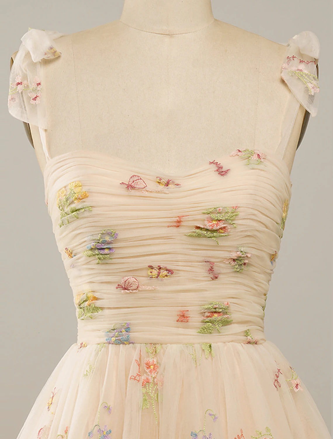 Abiti da ballo a trapezio, abiti floreali, abiti da festa, estivi, corti/mini, senza maniche, spalline sottili, in tulle con ricami